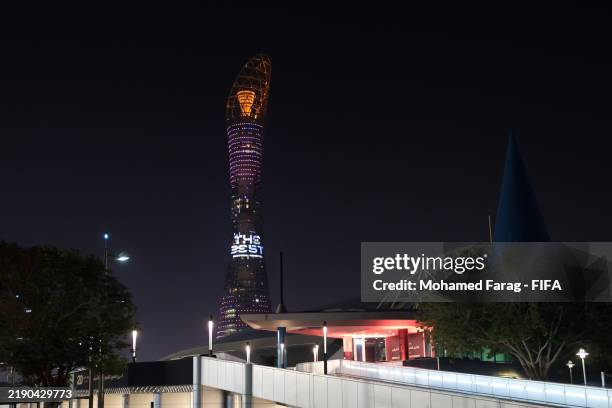 General view as The Best FIFA Football Awards 2024 logo is projected on to the Torch Tower after the The Best FIFA Football Awards 2024 at Aspire...