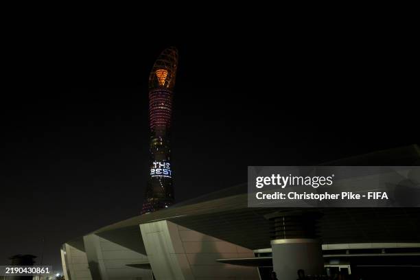 General view as The Best FIFA Football Awards 2024 logo is projected on to the Torch Tower after the The Best FIFA Football Awards 2024 at Aspire...