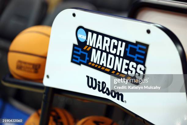 The NCAA March Madness logo on a basketball rack prior to the game between the UCLA Bruins and the Cal Poly Mustangs at UCLA Pauley Pavilion on...