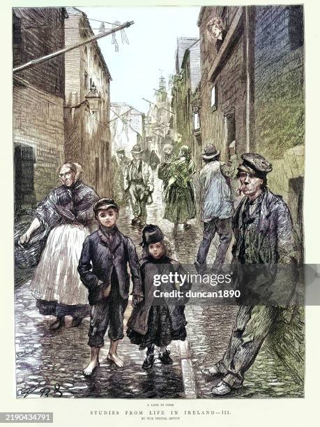 irish history, a lane in cork, life in ireland in the victorian era, 1880s vintage illustration 19th century - cork ireland stock illustrations
