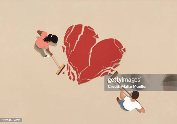 illustrazioni stock, clip art, cartoni animati e icone di tendenza di couple with brooms sweeping up broken heart on beige background - cuore spezzato