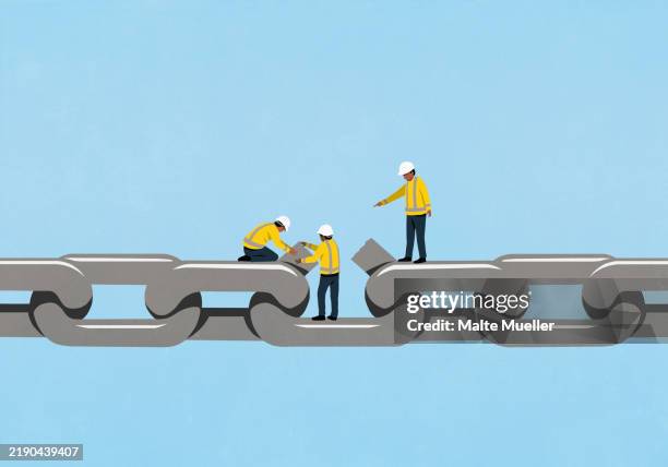 construction workers fixing broken weak link on chain - vorarbeiter stock-grafiken, -clipart, -cartoons und -symbole