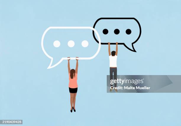 man and woman hanging from ellipsis text message bubbles on blue background - two women icon stock illustrations