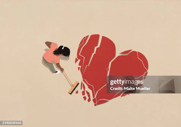 ilustraciones, imágenes clip art, dibujos animados e iconos de stock de view from above woman with broom sweeping broken heart - problemas de parejas