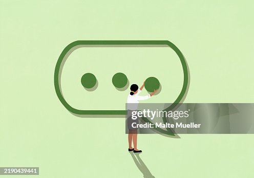 Text Message Ellipses Businesswoman Removing Dot From Speech Bubble Text Message Ellipsis On ...