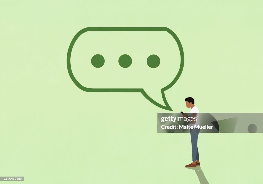 Text Message Ellipses Ellipsis Text Message Bubble Over Man Texting With Smart Phone On Green ...