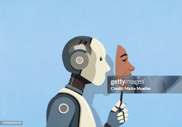 stockillustraties, clipart, cartoons en iconen met robot hiding behind happy human face mask on blue background - kunstmatige intelligentie
