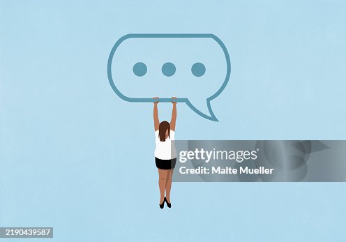 Text Message Ellipses Woman Hanging From Ellipsis Text Message Bubble On Blue Background High ...