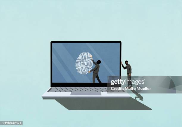 identity thieves stealing fingerprint off laptop screen - identity theft stock illustrations