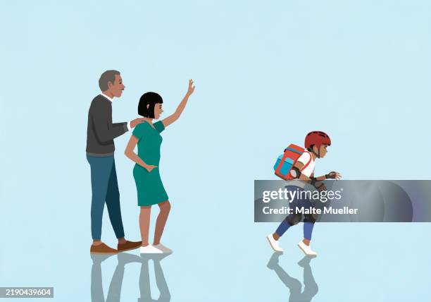 stockillustraties, clipart, cartoons en iconen met parents waving goodbye to schoolboy son in protective bike helmet and padding - familie met meerdere generaties