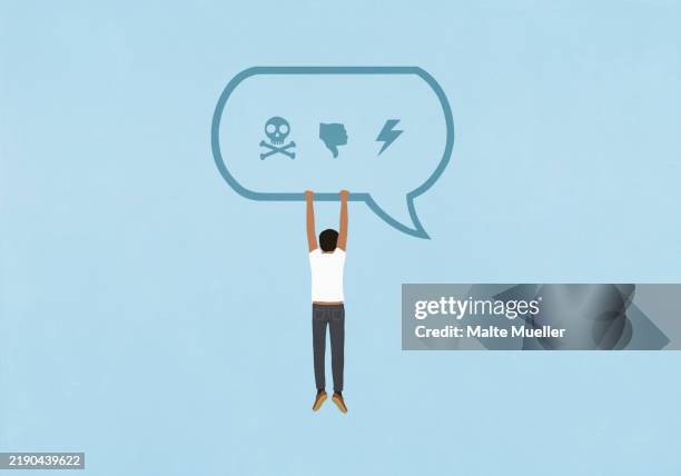 ilustrações de stock, clip art, desenhos animados e ícones de man hanging from text message speech bubble with negative icons - sinal de poluição