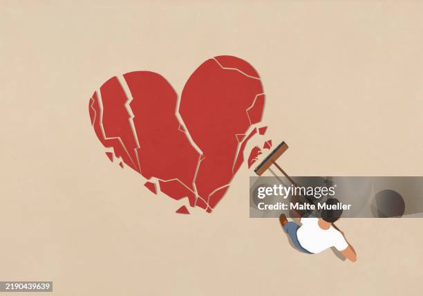 illustrations, cliparts, dessins animés et icônes de man with broom sweeping up broken heart - proactive maintenance