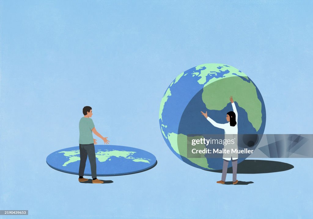Man and female scientist with conflicting perspectives about flat and round earth
