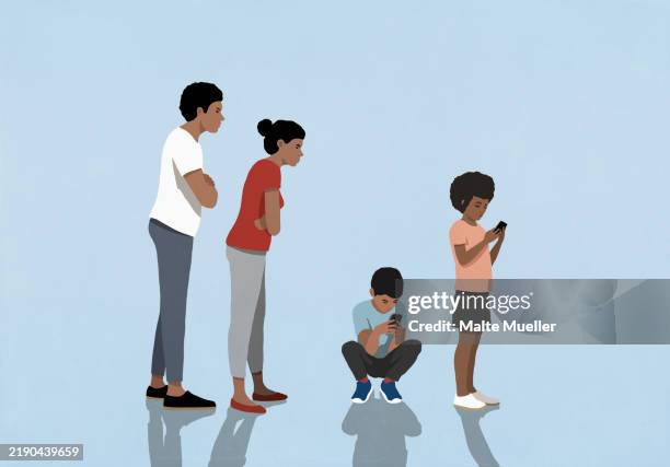 illustrazioni stock, clip art, cartoni animati e icone di tendenza di angry parents watching children using smart phones on blue background - adulto