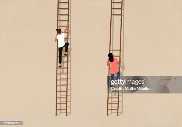 ilustraciones, imágenes clip art, dibujos animados e iconos de stock de women climbing different ladders, one with missing rungs - escalar