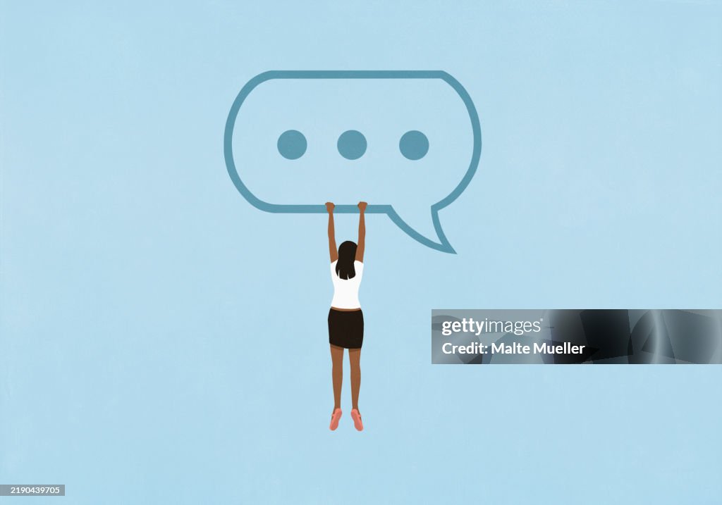 Text Message Ellipses Young Woman Hanging From Text Message Ellipsis On Blue Background High ...