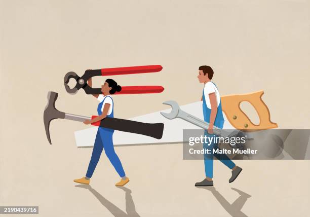diy couple carrying large tools on beige background - renovierung themengebiet stock-grafiken, -clipart, -cartoons und -symbole