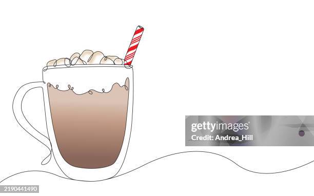 hot chocolate cup continuous single line vector drawing - marshmallows isolated stock illustrations