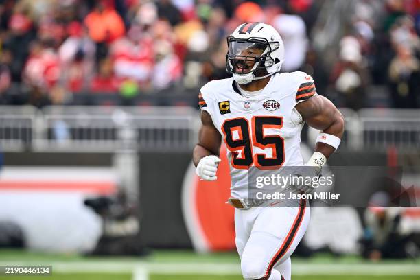 Defensive end Myles Garrett of the Cleveland Browns runs on the field during the first quarter against the Kansas City Chiefs at Huntington Bank...