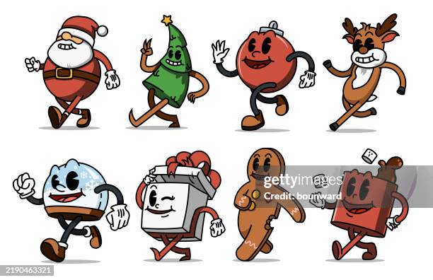 christmas groovy character set. vector - collect icon stock illustrations