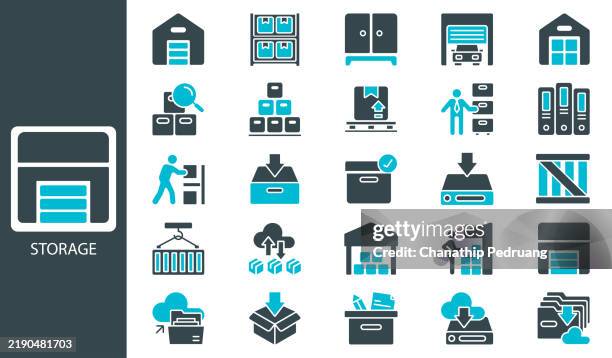 storage icon set. solid icon collection. vector illustration. stock illustration icon symbol, containing warehouse, business, database, box, inventory - storage compartment stock illustrations
