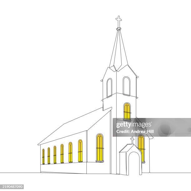 beautiful christmas church with glowing windows single line drawing vector illustration - string lights white background stock illustrations