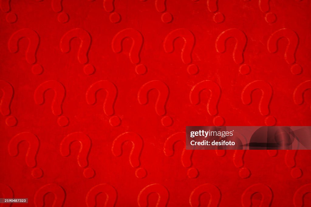 Horizontal plain empty blank rough textured bright vibrant red maroon coloured vector semi-seamless background or wallpaper with many 3D three dimensional cute tilted slanted big punctuation symbol Question marks all over with grunge NOT seamless