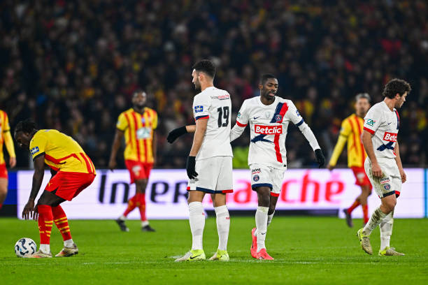 Goncalo RAMOS of PSG celebrates his goal with Ousmane DEMEBLE of PSG during the French Cup match between Lens and Paris at Stade Bollaert-Delelis on...