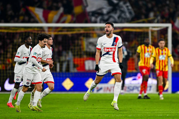 Goncalo RAMOS of PSG celebrates his goal during the French Cup match between Lens and Paris at Stade Bollaert-Delelis on December 22, 2024 in Lens,...