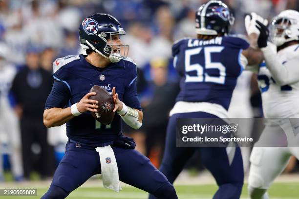 Tennessee Titans quarterback Mason Rudolph shouts as he looks for a receiver during a NFL game between the Tennessee Titans and the Indianapolis...