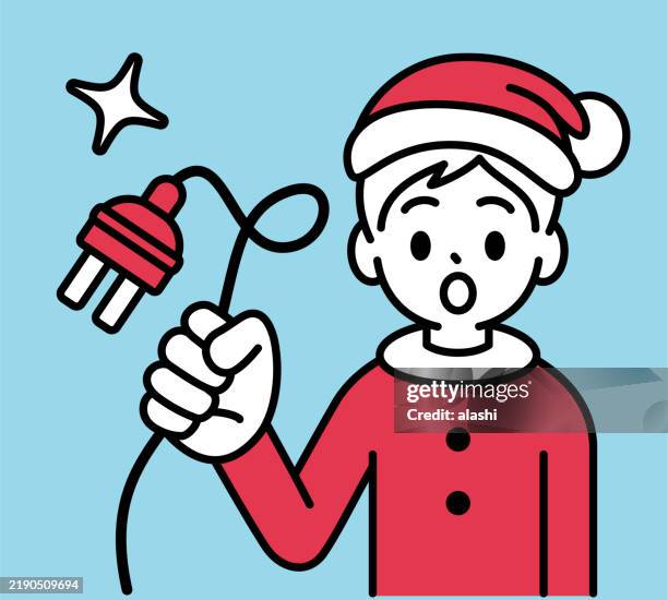 an innocent boy in a christmas suit, holding an electric plug, looking at the viewer, minimalist style, black and white outline - electrical safety tips stock illustrations