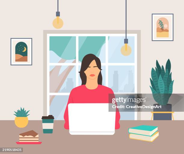 young woman working on laptop in cafe. modern cafe interior with picture frames on the wall, potted plant and pendant lights - plant wall office stock illustrations