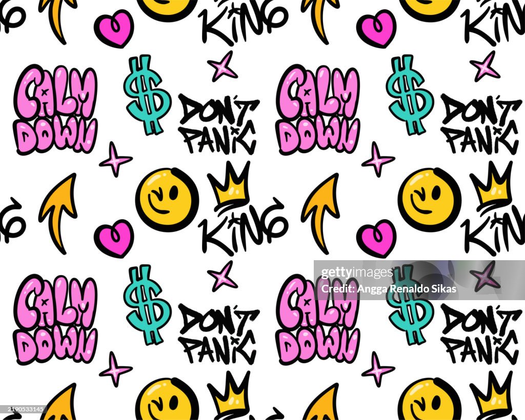 Funky graffiti with hand drawn symbols and typogarphy seamless pattern