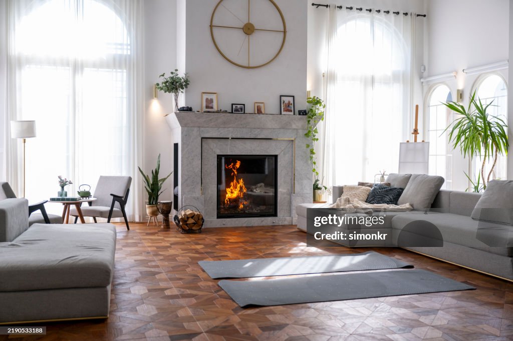 Modern Living Room with a Fireplace and Yoga Mats