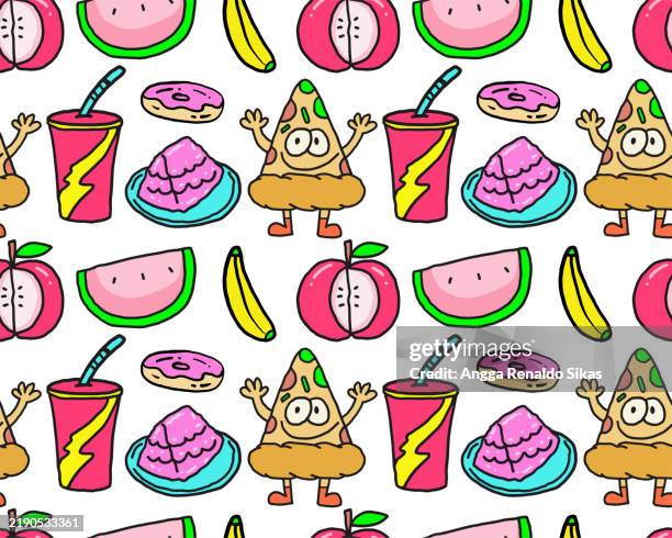 funny pizza, soft drink, doughnut, pudding, banana, apple and watermelon doodle cartoon seamless pattern - watermelon background stock illustrations