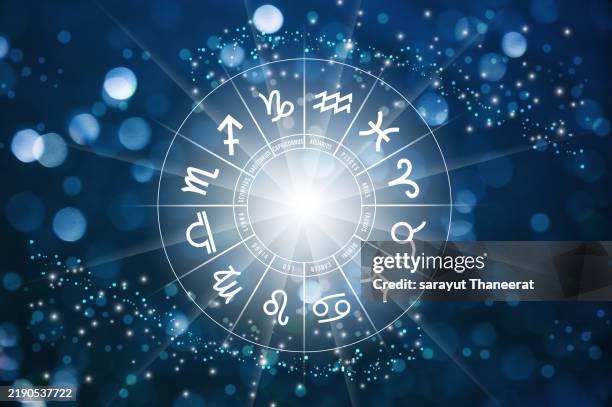 zodiac signs inside of horoscope circle. astrology in the sky with many stars and moons astrology and horoscopes concept - astrologie photos et images de collection