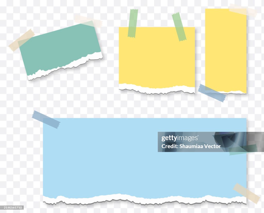 Niedliches buntes zerrissenes Papier-Illustrationsset. Recyceltes Notizpapier mit Klebeband Briefpapier Vorlage Mockup