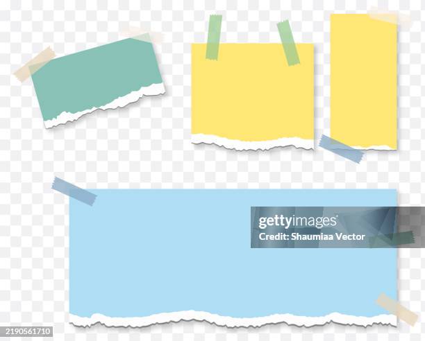 stockillustraties, clipart, cartoons en iconen met cute colorful torn paper illustration set. recycled memo note paper with adhesive tape stationery template mockup - papierknipsel