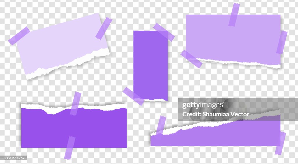 Cute colorful torn paper illustration set. Recycled memo note paper with adhesive tape stationery template mockup