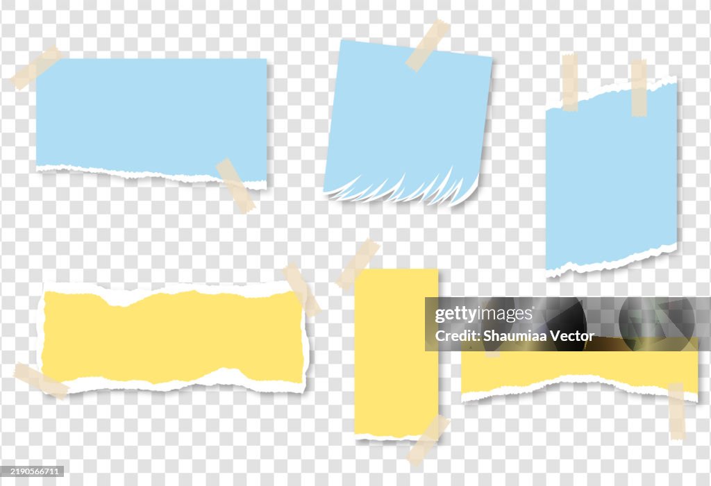Cute colorful torn paper illustration set. Recycled memo note paper with adhesive tape stationery template mockup