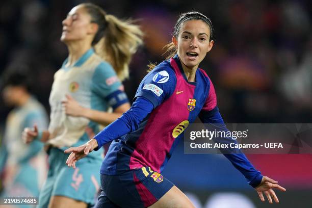 Aitana Bonmati of FC Barcelona celebrates scoring her team's second goal during the UEFA Women's Champions League match between FC Barcelona and...