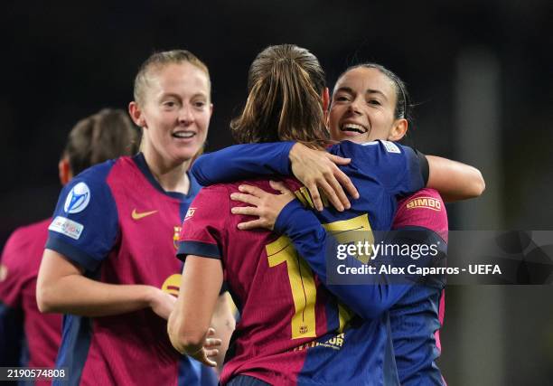 Aitana Bonmati of FC Barcelona celebrates scoring her team's second goal with teammate Ewa Pajor during the UEFA Women's Champions League match...