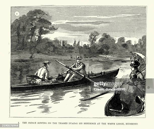 history british royalty, prince of wales, later king edward vii, rowing on the thames, staying at the white lodge, richmond, victorian 19th century - richmond upon thames stock illustrations