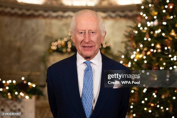 In this image released on December 23 King Charles III records his Christmas message at the Fitzrovia Chapel on December 11, 2024 in London, England.