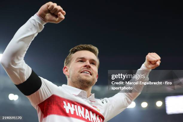 Maximilian Mittelstädt of VfB Stuttgart celebrates the teams fourth goal during the UEFA Champions League 2024/25 League Phase MD6 match between VfB...