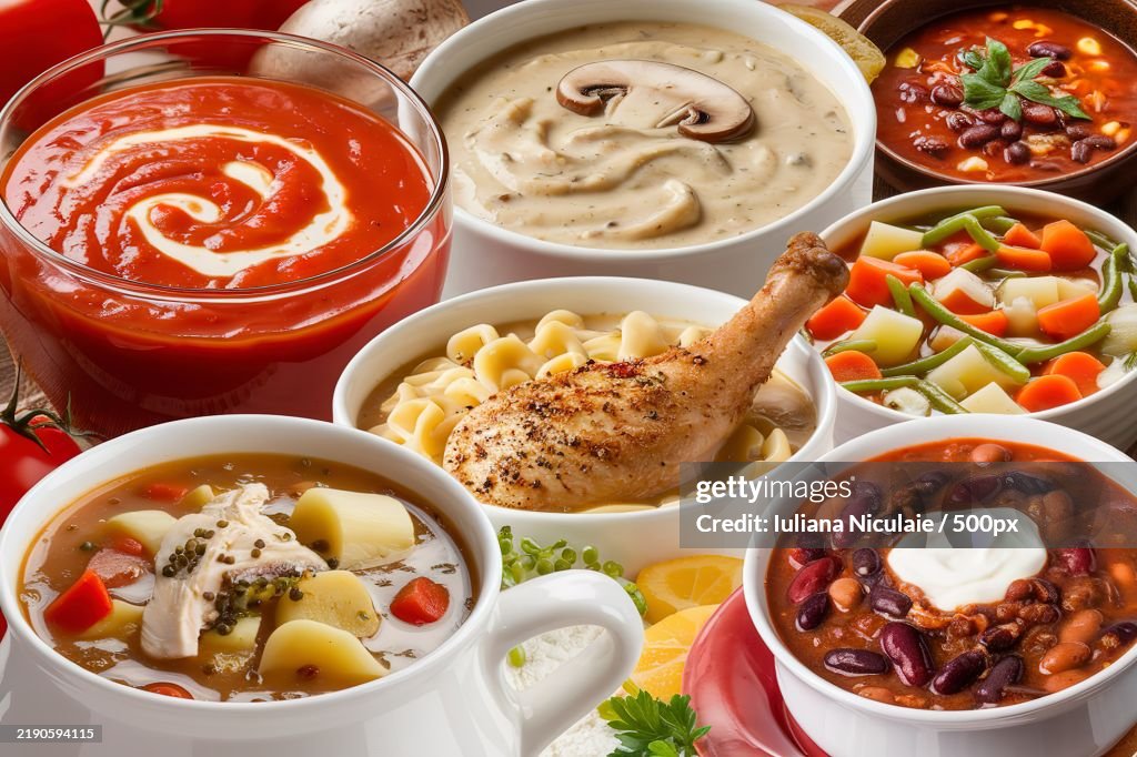 A photo collage of a wide variety of soups