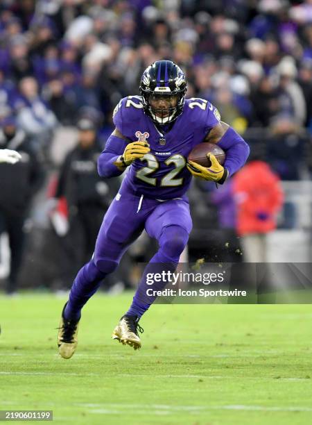 Ravens running back Derrick Henry runs for a long gain during the Pittsburgh Steelers versus Baltimore Ravens NFL game at M&T Bank Stadium on...