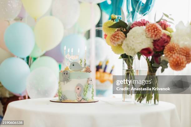cute child birthday cake in ocean theme. - chá de bebé imagens e fotografias de stock