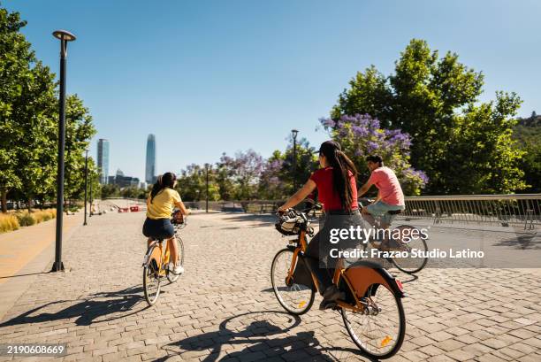 vista posteriore degli amici in bicicletta sul parco pubblico - santiago del cile foto e immagini stock