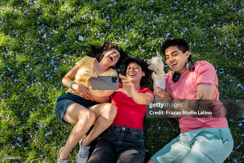 Freunde, die ein Selfie machen oder im öffentlichen Park liegend filmen